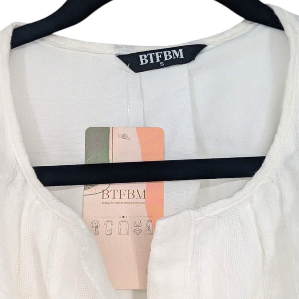 BTFBM White Cotton Midi Dress Puff Sleeve Smocked Waist Cottagecore S - Picture 5 of 5